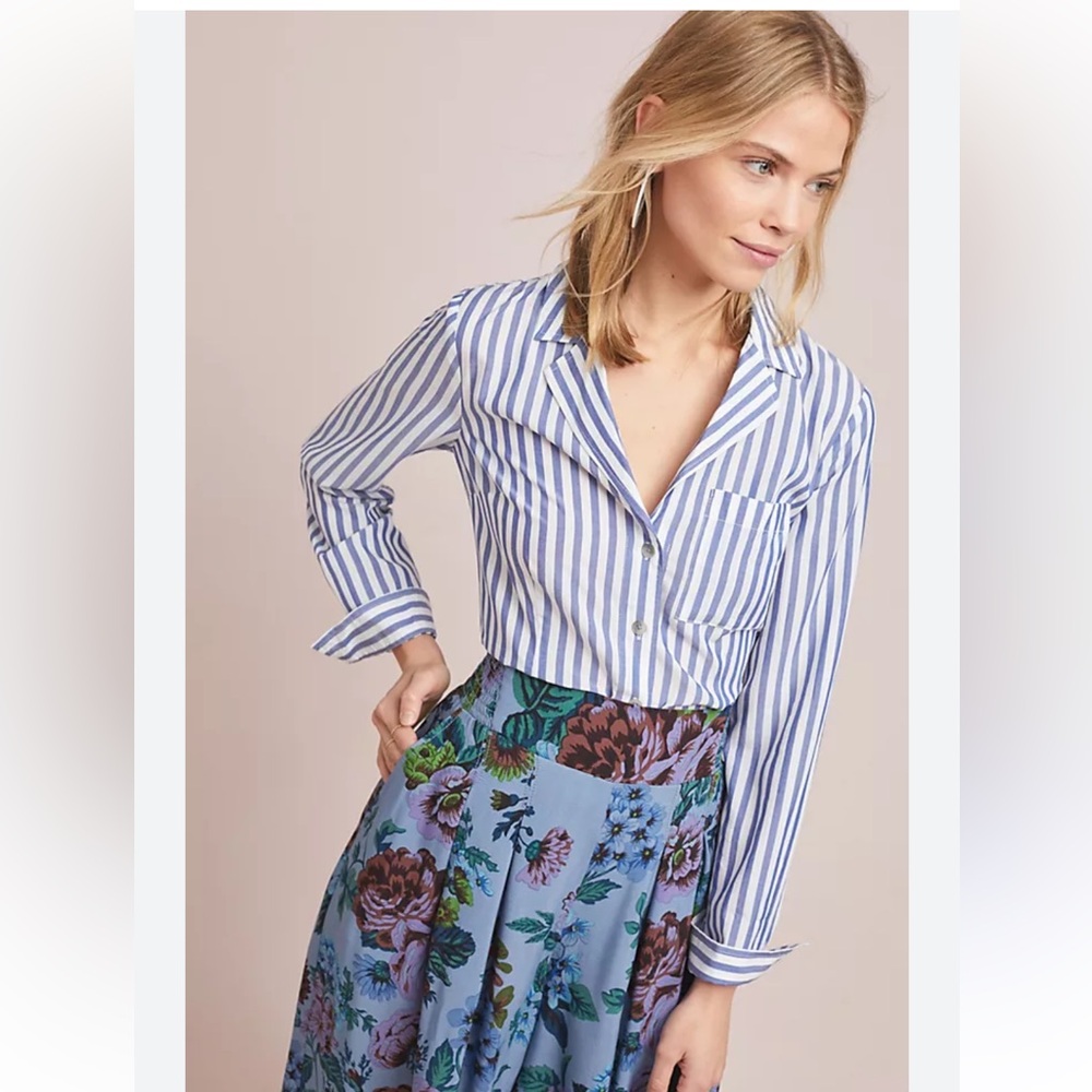 Pilcro‎ Striped Button-Up Lace-Up Back Shirt Blue White Women's US 4
